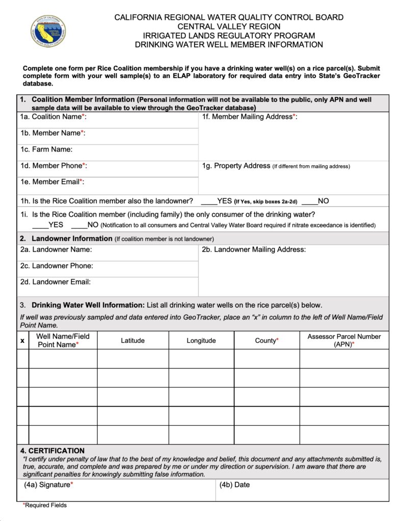 Drinking Water Well Member Information form